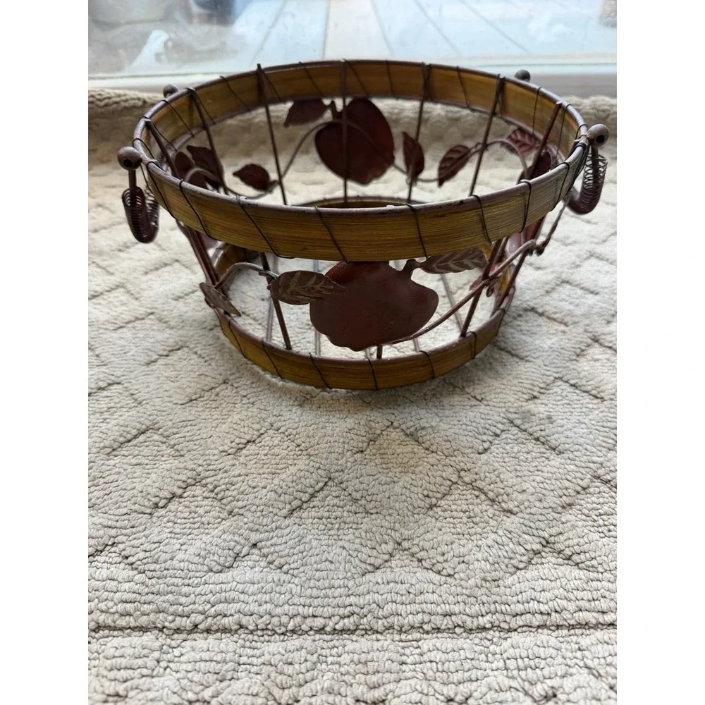 Rustic Metal And Wood Basket with Metal Apples and Spring Style Handles